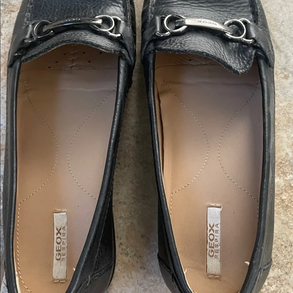 Geox Women's Black Leather Loafers with Metal Detail
